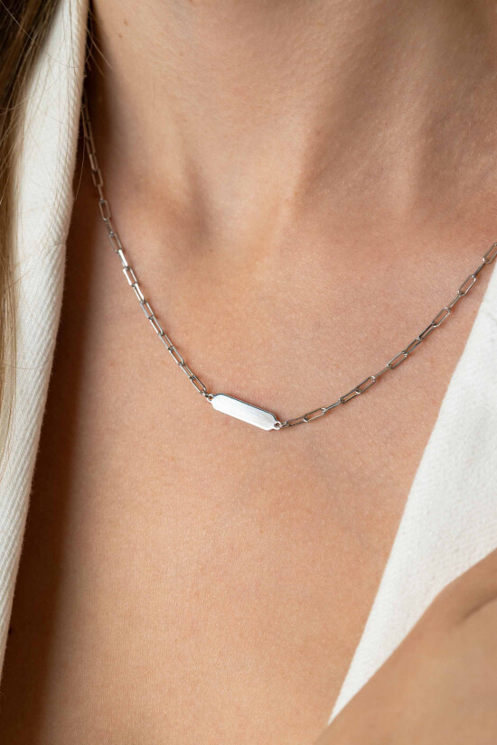 ZINZI zilveren ketting met paperclip-schakels en glanzend rechthoekig plaatje om te graveren 42-45cm ZIC2530