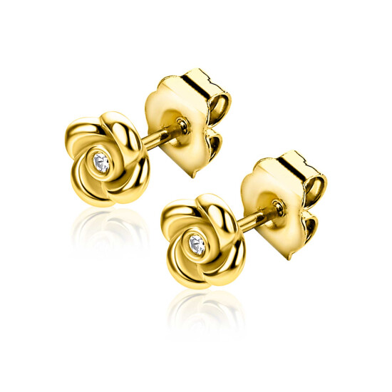 6mm ZINZI gold plated zilveren oorstekers met een roosje, bezet met witte zirkonia ZIO2872Y