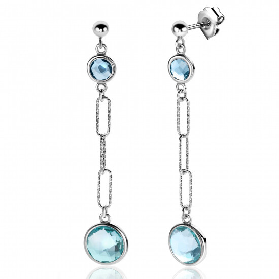 60mm ZINZI zilveren lange oorstekers 60mm met paperclip-schakels en bezet met licht blauwe en indigo blauwe kleurstenen ZIO2418
