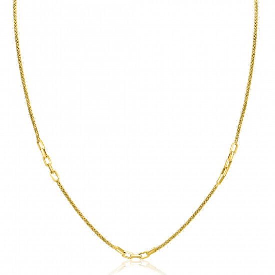 ZINZI gold plated zilveren popcorn schakelketting 45-48cm met drie paperclip schakelaccenten ZIC2709G
