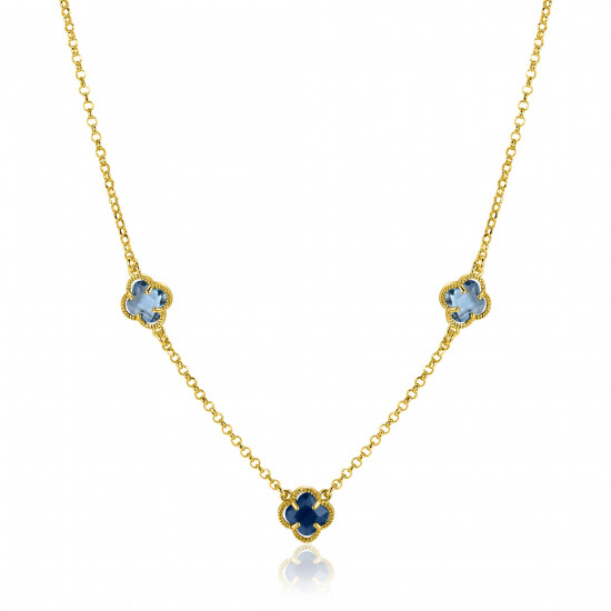 ZINZI gold plated zilveren schakelketting met twee lichtblauwe klavers en een donkerblauwe klaver 42-45cm ZIC2662B