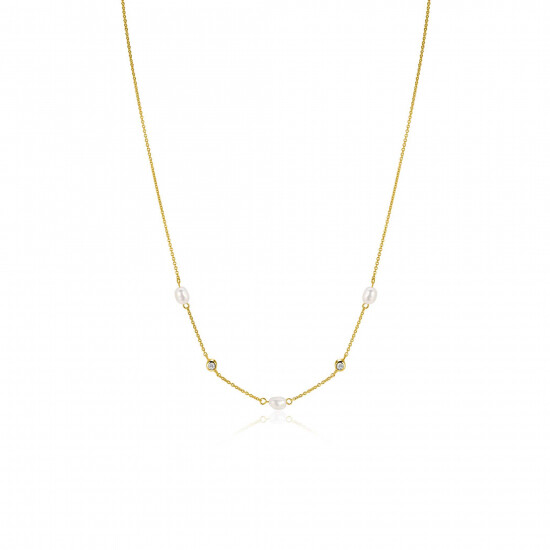 ZINZI gold plated zilveren jasseron ketting met ovale witte zoetwaterparels en witte zirkonia's 42-45 cm ZIC2657