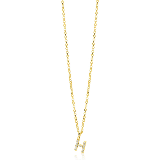 ZINZI gold plated zilveren letter hanger H bezet met witte zirkonia's ZIH2828-H (zonder ketting)