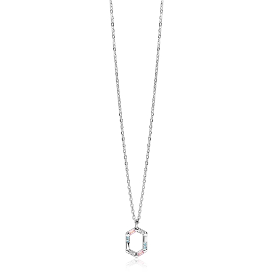 ZINZI zilveren ketting met zeshoekige hanger (18mm) bezet met witte, roze en lichtblauwe kleurstenen 42-45cm ZIC2868