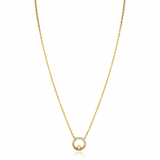 ZINZI gold plated zilveren ketting 42–45cm met ronde open hanger (12mm) en bezet met witte zirkonia's ZIC2725Y