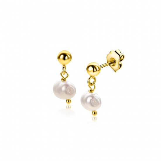 15mm ZINZI gold plated zilveren oorstekers met bungelend witte zoetwaterparel 6mm in organische vorm ZIO2643