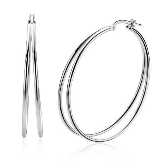 43mm ZINZI grote zilveren multi-look oorringen met dubbele buis. Met gemakkelijke bovensluiting ZIO2859