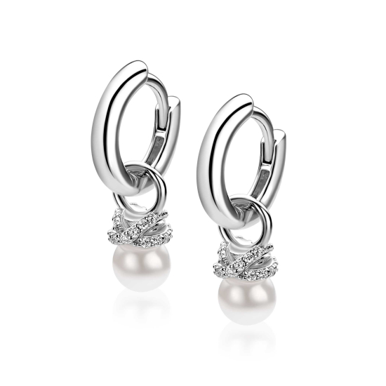 8mm ZINZI zilveren oorbedels met een witte parel en een strikvormige zetting bezet met witte zirkonia’s ZICH2863 (zonder oorringen)