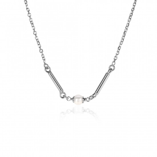 ZINZI zilveren schakel ketting met twee glanzende staafjes en witte zoetwaterparel 42-45cm ZIC-BF108