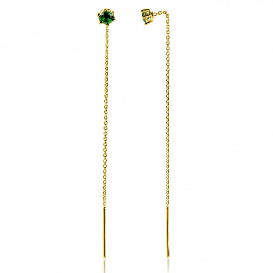 80mm ZINZI gold plated zilveren doortrek oorbellen met chatonzetting 5mm groene kleursteen en sierlijk kettinkje ZIO2576GG
