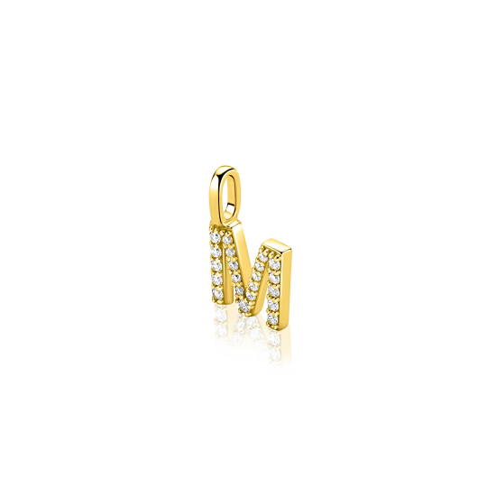 ZINZI gold plated zilveren letter hanger M bezet met witte zirkonia's ZIH2828-M (zonder ketting)