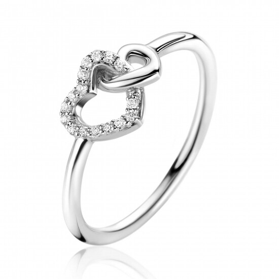 ZINZI zilveren ring 2 hartjes met elkaar verbonden, 1 hart bezet met witte zirconia's ZIR2493