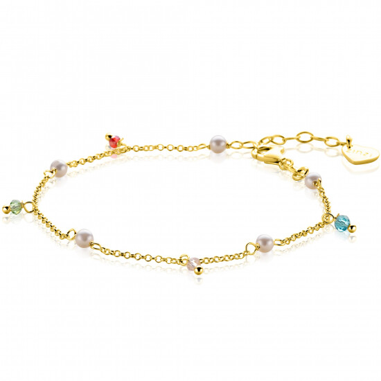 ZINZI gold plated zilveren armband met witte parels en bungelende beads (5,5 mm) in frisse kleuren 17-20cm ZIA2705G