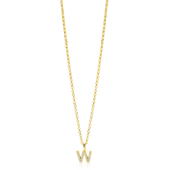 ZINZI gold plated zilveren letter hanger W bezet met witte zirkonia's ZIH2828-W (zonder ketting)