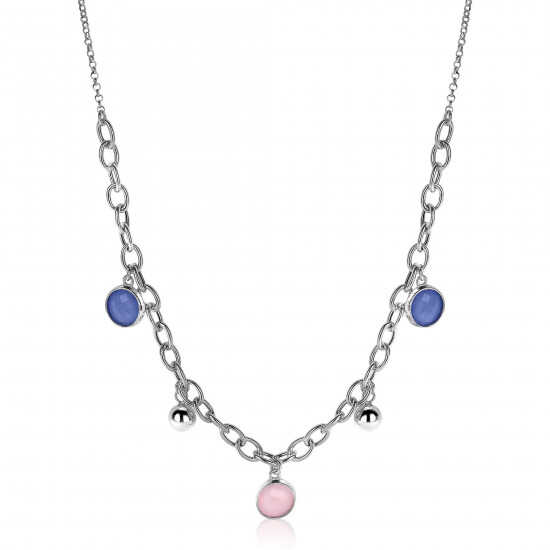 ZINZI zilveren luxe jasseron ketting 45cm met bolletjes en bedels rond in roze en blauw ZIC2005