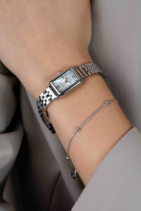 ZINZI Small Elegance horloge zilverkleurige sunray wijzerplaat en rechthoekige kast stalen schakelband 22mm extra dun ZIW2802
