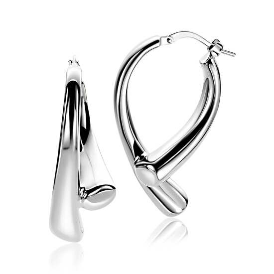 35mm ZINZI zilveren grote oorringen in organische druppelvorm met vloeiende lijnen en handige bovensluiting ZIO2786