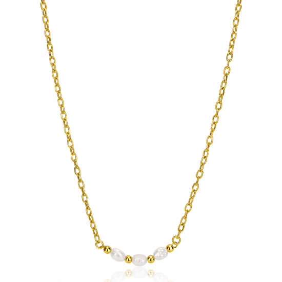 ZINZI gold plated zilveren schakelketting met drie witte natuurlijk gevormde zoetwaterparels in het midden 42-45cm ZIC2643