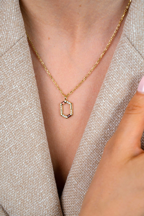 ZINZI gold plated zilveren ketting met zeshoekige hanger (18mm) bezet met champagne, bruine en witte kleurstenen 42-45cm ZIC2869