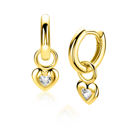 7mm ZINZI gold plated zilveren oorbedels met een glad hartje, bezet met een hartvormige witte zirkonia ZICH2886Y (zonder oorringen)