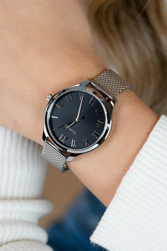 ZINZI horloge JULIA 34mm zwarte wijzerplaat romeinse cijfers stalen kast en meshband ZIW1101M
