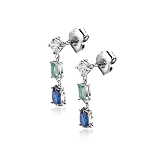22mm ZINZI zilveren oorstekers bezet met een ronde witte zirkonia, licht aquablauwe rechthoekige kleursteen en diepblauwe peervormige kleursteen ZIO2901