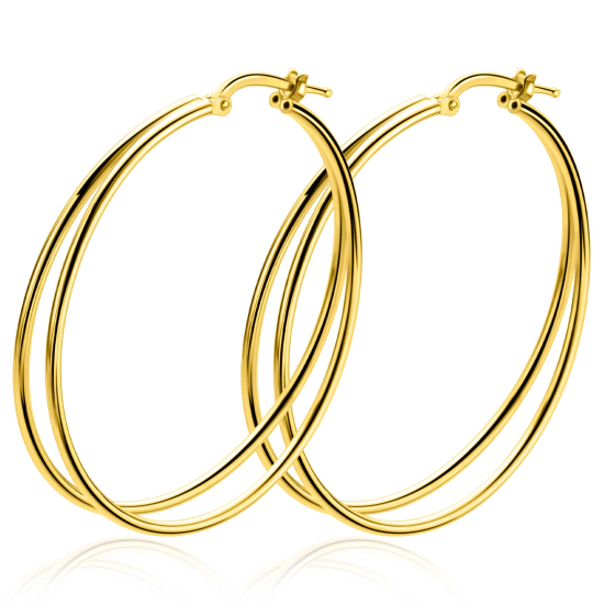 43mm ZINZI grote gold plated zilveren multi-look oorringen met dubbele buis. Met gemakkelijke bovensluiting ZIO2859G