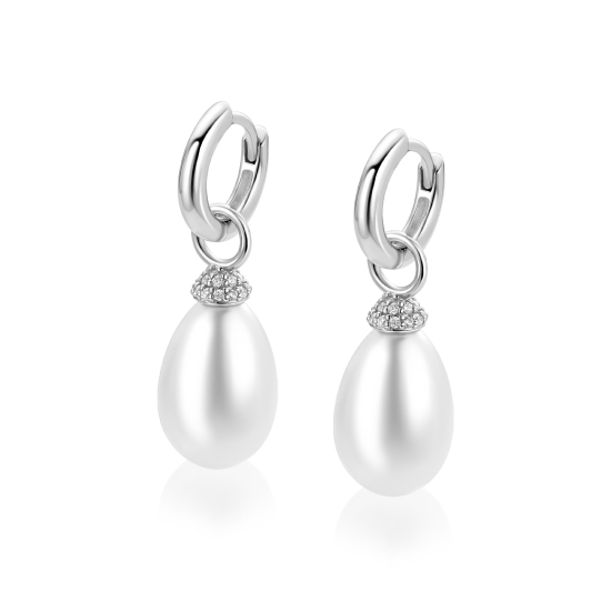 18mm ZINZI zilveren oorbedels met ovaalvormige witte parel en pavé gezette top met witte zirkonia’s ZICH2822 (zonder oorringen)