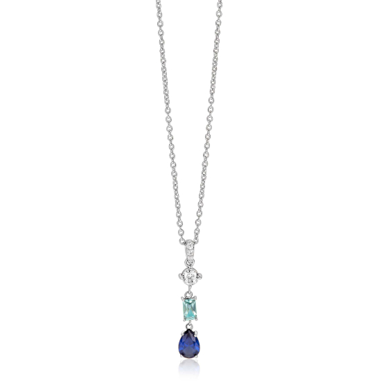 ZINZI zilveren collier 45cm met sierlijke hanger (27mm) bezet met een ronde witte zirkonia, licht aquablauwe rechthoekige kleursteen en diepblauwe peervormige kleursteen ZIC2901