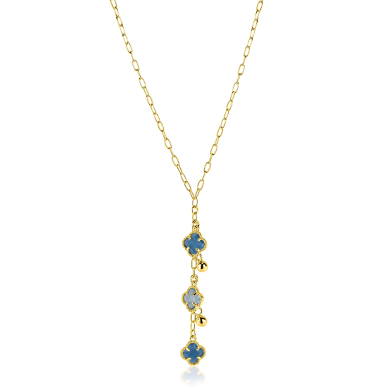 ZINZI goldplated zilveren Y ketting 45cm met drie blauwkleurige klavervormige kleurstenen en speelse bolhangers ZIC2773
