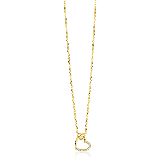 ZINZI gold plated zilveren ketting met twee sierlijke harten die met elkaar verbonden zijn, ook bezet met witte zirkonia's 42-45cm ZIC2874Y