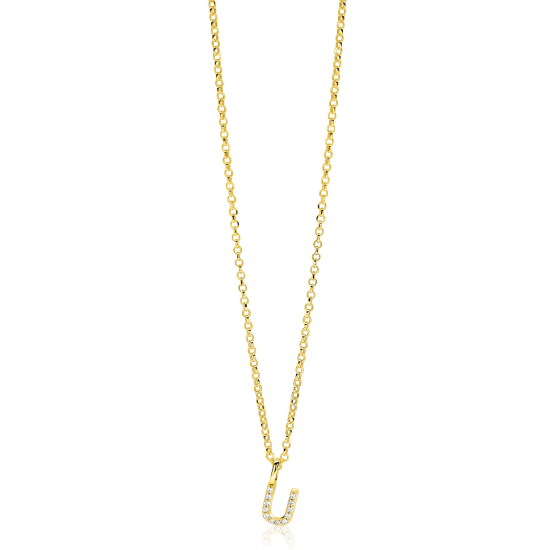 ZINZI gold plated zilveren letter hanger U bezet met witte zirkonia's ZIH2828-U (zonder ketting)