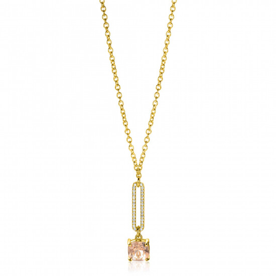 ZINZI gold plated zilveren jasseron ketting met schitterende open ovale vorm en vierkante hanger in licht roze 42-45cm ZIC2579
