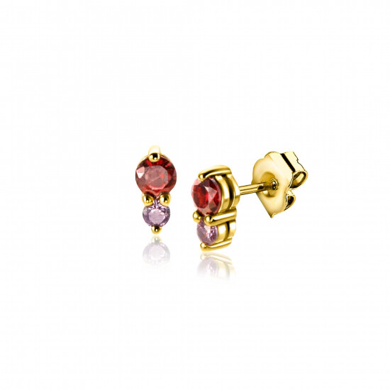 6,5mm ZINZI gold plated zilveren oorknoppen ronde chatonzettingen rood granaat en paarse kleurstenen ZIO2563