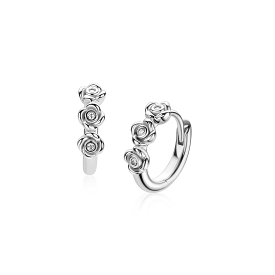 13mm ZINZI zilveren oorringen met drie roosjes, bezet met witte zirkonia’s, luxe klapsluiting ZIO2873