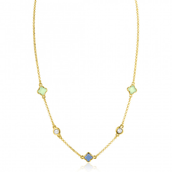 ZINZI gold plated zilveren schakelketting met twee mintgroene klavers en een blauwe klaver 40-45cm ZIC2763