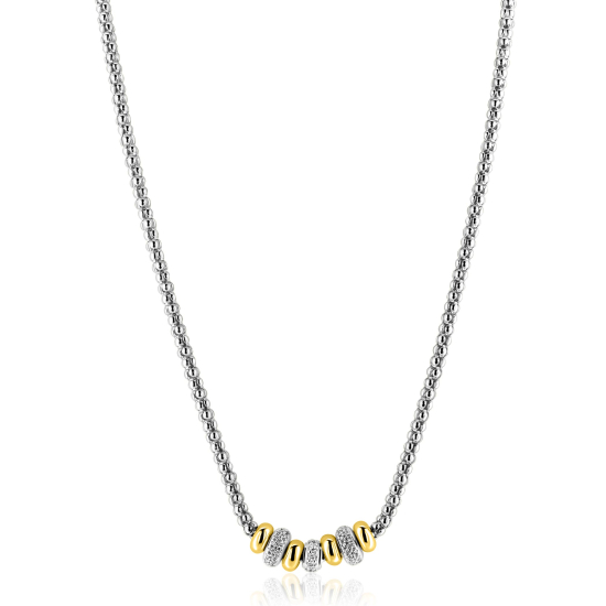 ZINZI zilveren popcorn schakelcollier 42-48cm met zeven sierlijke, beweegbare beads in geel verguld en wit zirkonia ZIC2769
