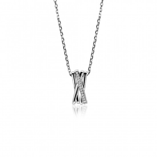ZINZI zilveren ketting 42–45cm met luxe cross-over hanger (16mm) bezet met witte zirkonia's ZIC1790