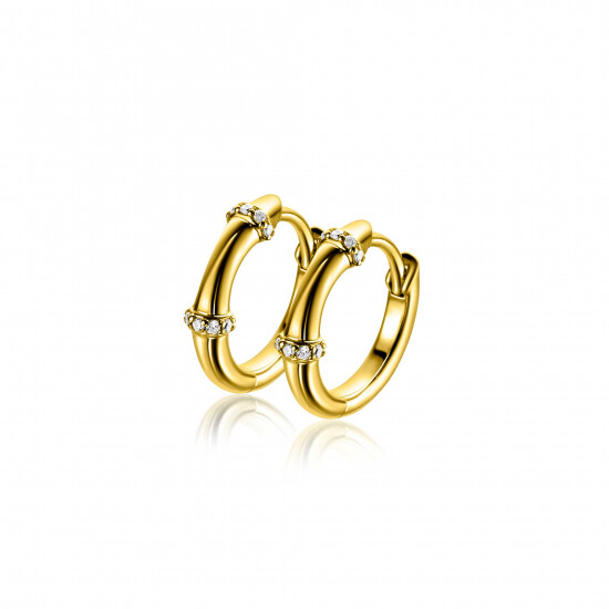 15mm ZINZI gold plated zilveren oorringen met bamboo uitstraling, bezet met witte zirkonia's en luxe klapsluiting ZIO2687Y