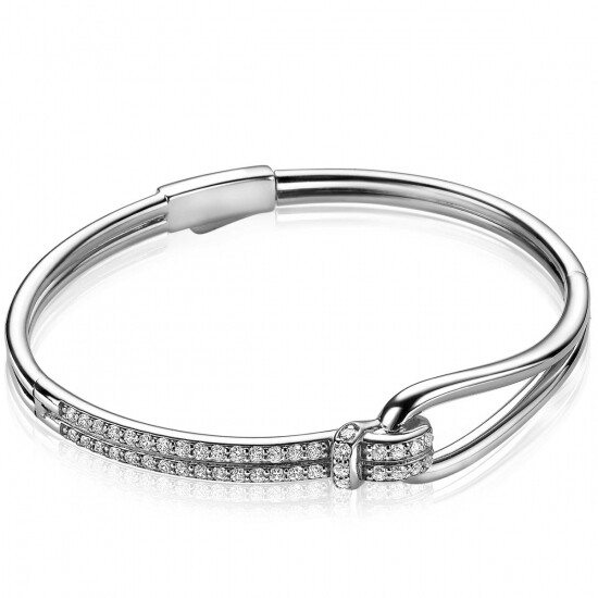 Mart Visser by ZINZI zilveren bangle armband 12mm breed geknoopte vorm bezet met witte zirconia's MVA19
