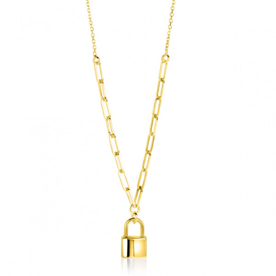 ZINZI gold plated zilveren paperclip schakelketting 45cm met trendy slotje als bedel 40-45cm ZIC2355G
