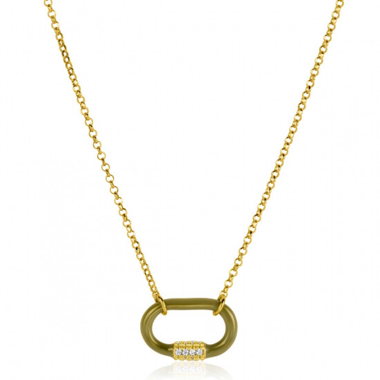ZINZI gold plated zilveren schakelketting 45cm ovale hanger olijfgroen emaille en witte zirconia's ZIC2374