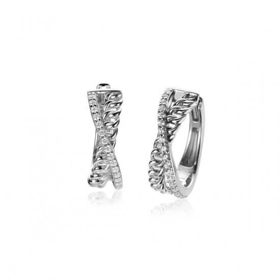 ZINZI zilveren luxe oorringen cross-over design: bezet met witte zirconia's en gourmet schakels 18x6mm ZIO2326