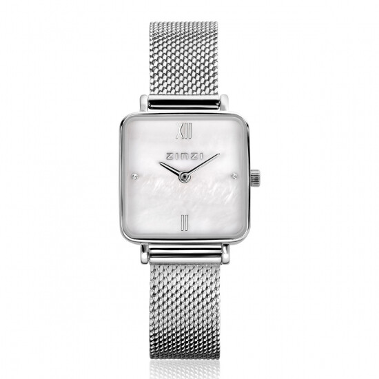 ZINZI Square Mini horloge witte parelmoer wijzerplaat en vierkante zilverkleurige kast stalen mesh band 22mm extra dun ZIW1717