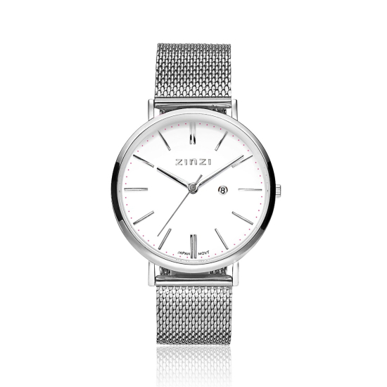 Zinzi Retro horloge witte wijzerplaat stalen kast zilvergekleurd stalen mesh band zilvergekleurd 38mm extra dun ZIW406M

