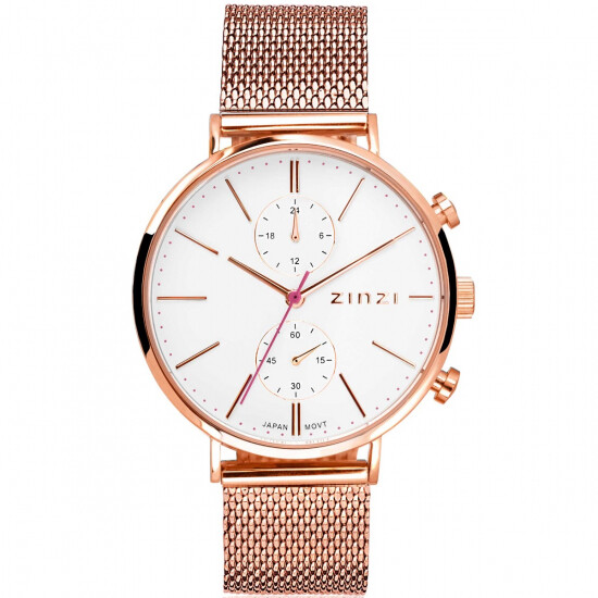 ZINZI Traveller horloge witte wijzerplaat en roségoudkleurige kast stalen mesh band roségoudkleurig 39mm dual time ZIW708M