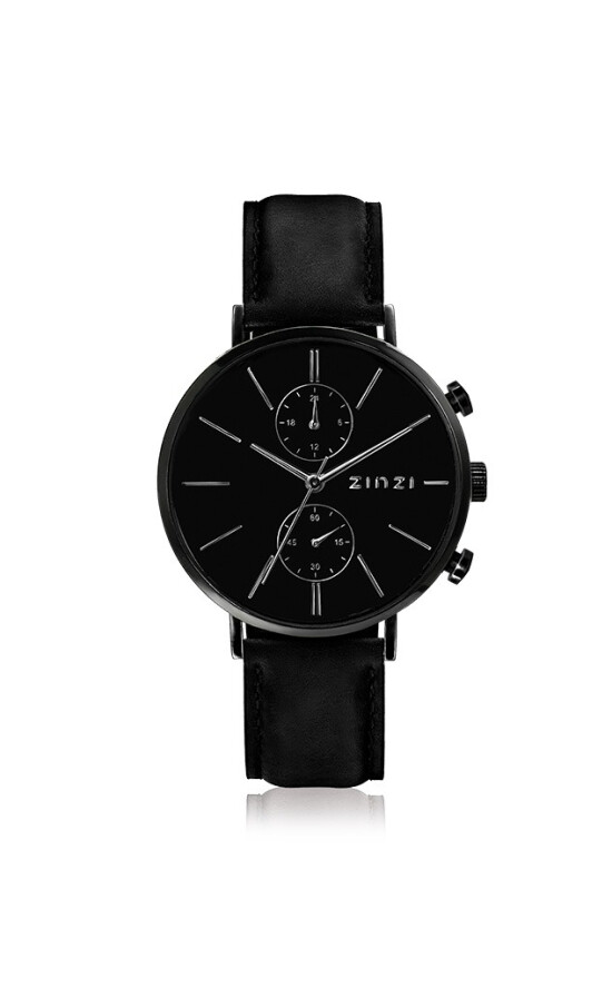 ZINZI Man watch Traveller black zwarte wijzerplaat matzwarte stalen kast zwarte leren band 39mm dual time ZIW750