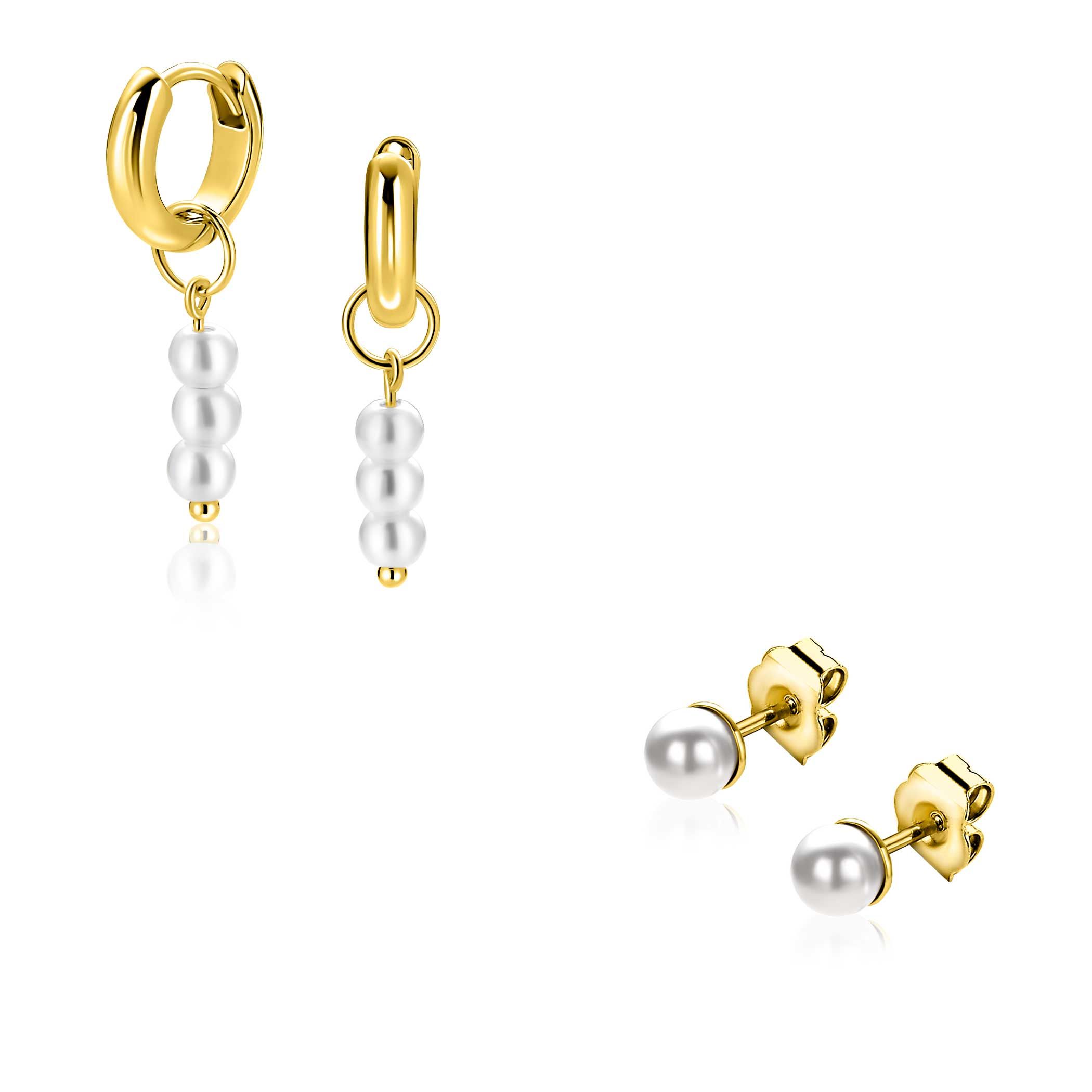 Xmas Giftset: Twee paar goldplated zilveren oorsieraden met witte parels, perfect op elkaar afgestemd in één feestelijke set (ZICH2734Y,ZIO194G en ZIO1318Y) GIFTSET17