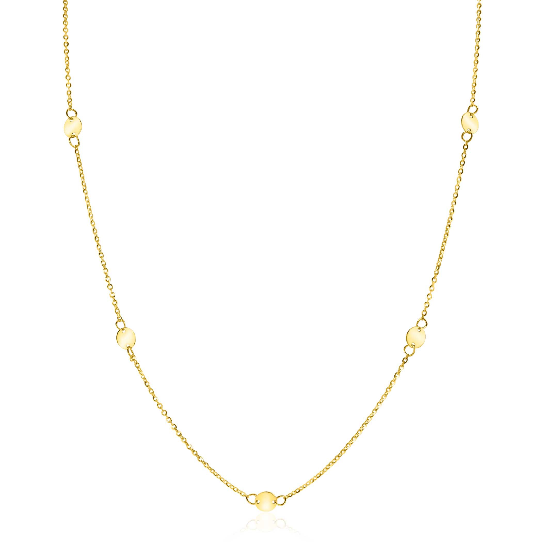 ZINZI Gold 14 krt gouden ketting met subtiele jasseron schakels en zeven ronde gladde plaatjes 5mm breed 42-45cm ZGC444
