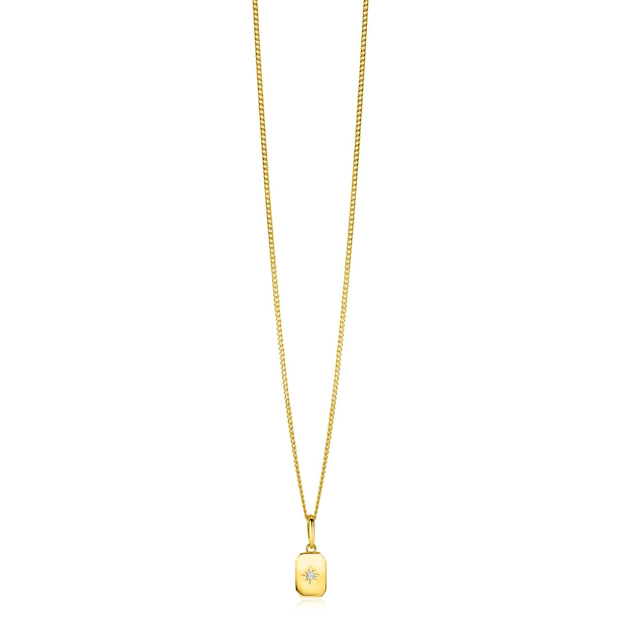 14mm ZINZI Gold 14 krt gouden hanger met rechthoekig plaatje en sterzetting witte zirkonia ZGH510 (zonder collier)